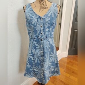 Sleeveless Button Down Floral Denim Mini Dress with Frayed Hem